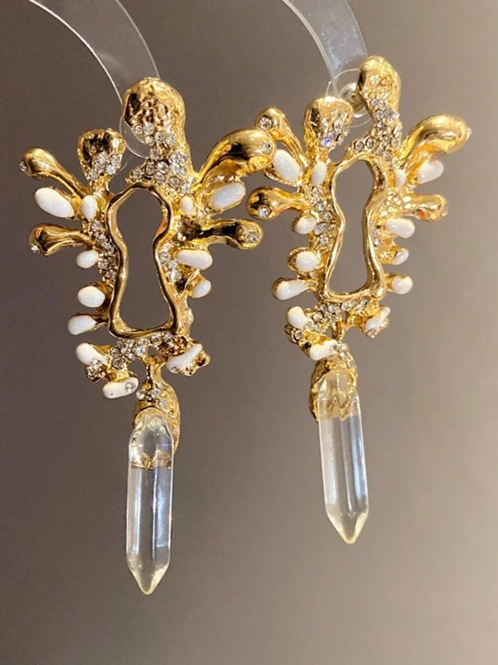 Gold Boho Women's Asymmetrical Key-Shaped Crystal Resin Long Stud Earrings
